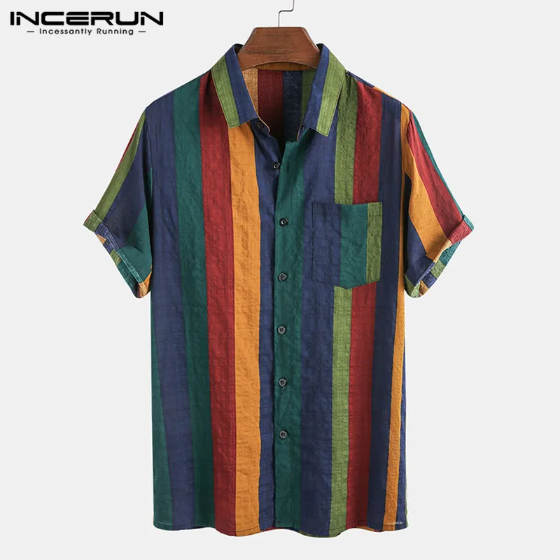 

Гавайская рубашка INCERUN мужская с воротником с полосками, Повседневная пляжная сорочка с короткими рукавами, дышащая уличная одежда, лето 2021