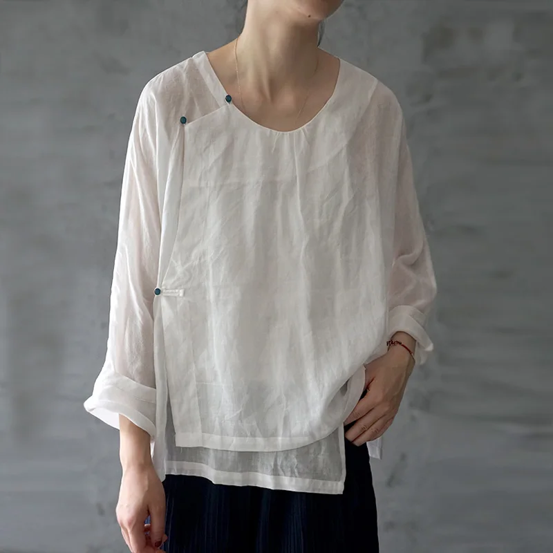 Рубашки в китайском стиле для женщин на пуговицах рами блузки 2019 Осень Новые