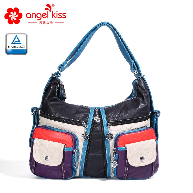 

Angelkiss Brand Multi-Color Patchwork Women Handbag Washed Soft PU Material Lady Shoulder Bag Large Capacity Messenger Tote