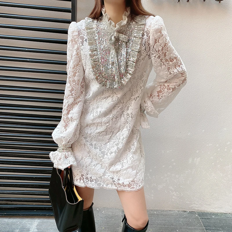 

2020 Fall Woman White Lace Dress Wedding Club Wear Sequin Short Dresses