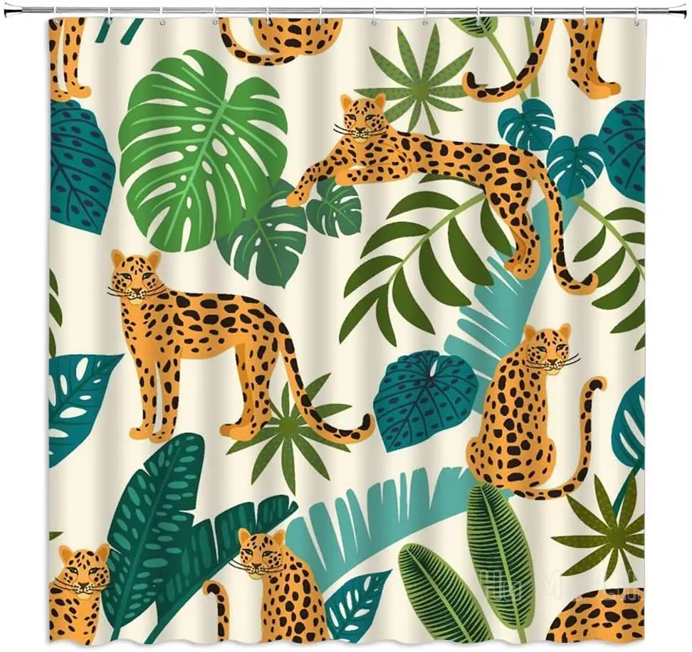 

Leopard Leaf Shower Curtain Tropical Rainforest Jungle Plant Animal Green Palm Banana Leaves Monstera Bathroom Decor
