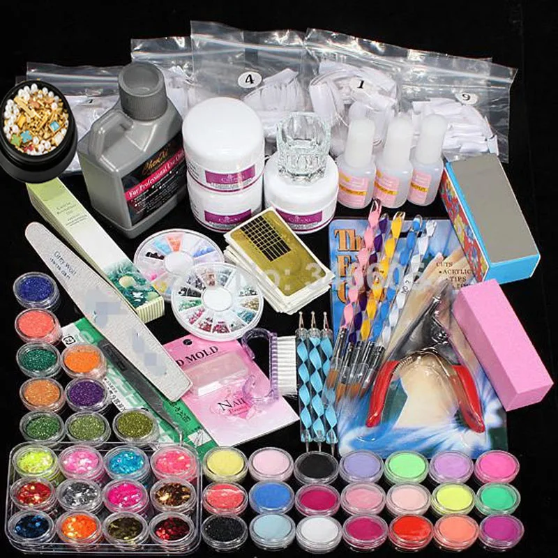 

Wholesale Professional 42 Acrylic Liquid Powder Glitter Clipper Primer File Nail Art Tips Tool Brush Tool Set Kit