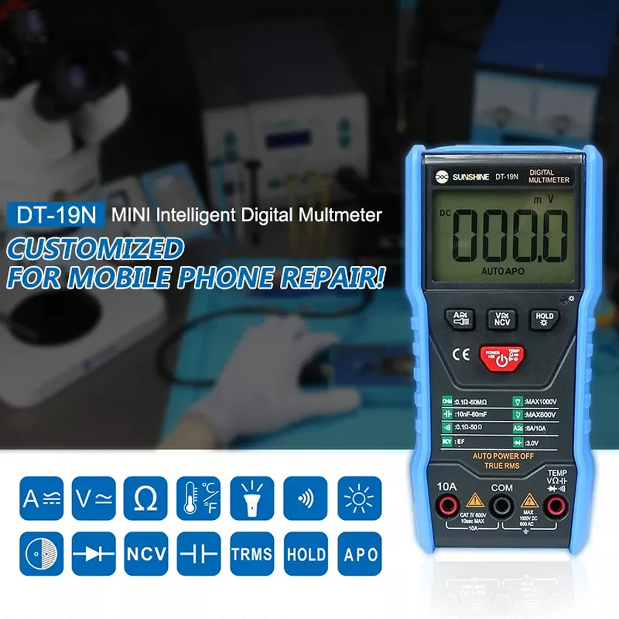 

DT-19N Customized Mini Digital Multimeter for Mobile Phone Repair Temperature Measurement AC DC Resistance Tester with Light