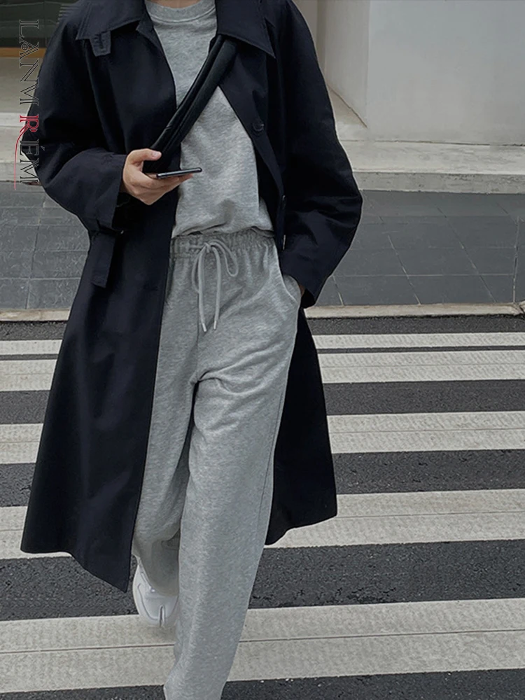 

LANMREM 2021 Autumn New Female All-match Elastic High-waist Gray Trousers Casual Drawstring Solid Color Pants Fashion 2W629