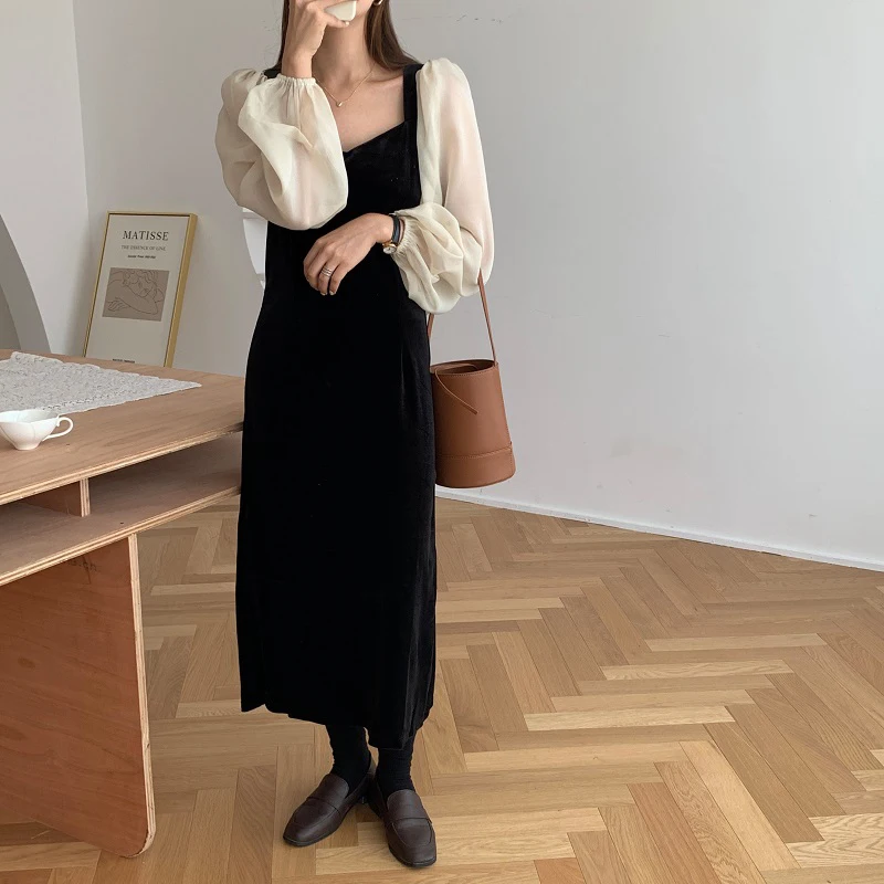 

WICCON 2021 New Retro Elegant Women Dresses Long V-Neck Voile Patchwork Puff Sleeve Autumn Mid-Calf Cotton Vestidos