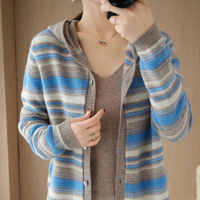 

2020 Winter New Korean Hooded Cashmere Cardigan Women's Wool Knitwear Striped Sweater Jacket Long Sleeve Clothes Plus Size