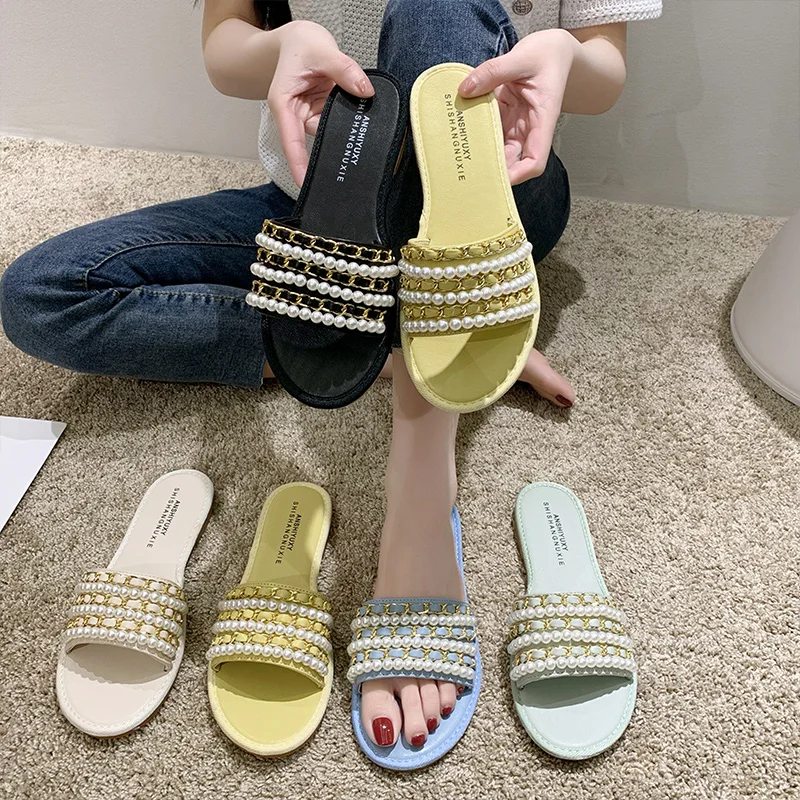 

Low Slippers Women Summer Luxury Slides Female Shoes String Bead Lady Designer 2021 Beach Soft Girl Flat Basic PU Rubber