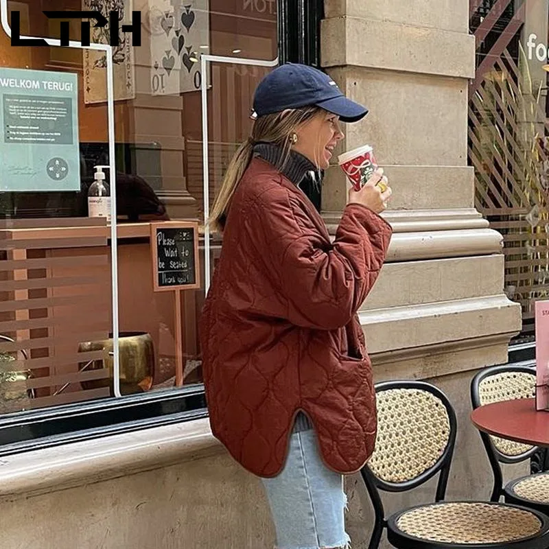 LTPH Brick red women parkas loose warm puffer jacket long sleeve single breasted vintage streetwear casual coat 2022 spring new