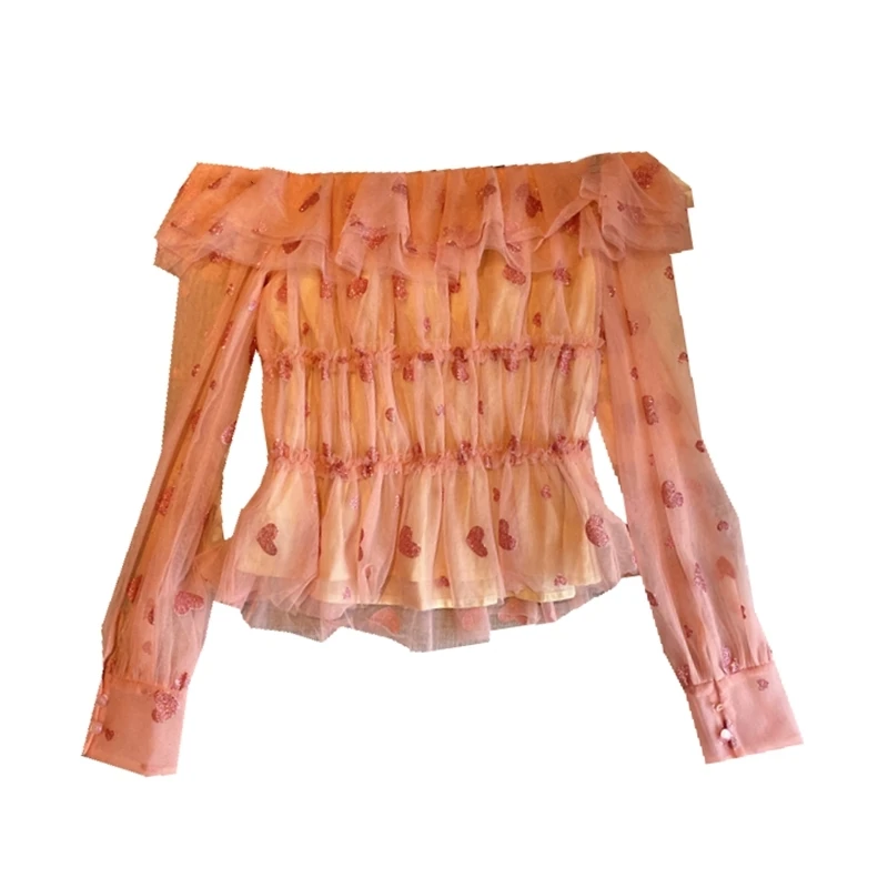 

Blouse Women 2020 Spring and Summer New Sweet Off-Shoulder Sexy Shirt Lovely Hot Drilling Ruffled Long Sleeve Mesh Shirt Blouses