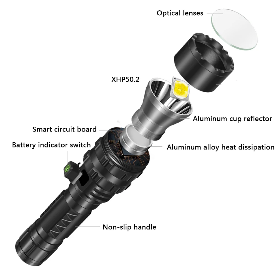 Светодиодный фонарик xhp50.2 с usb зарядкой растягивающийся ударопрочный мощный