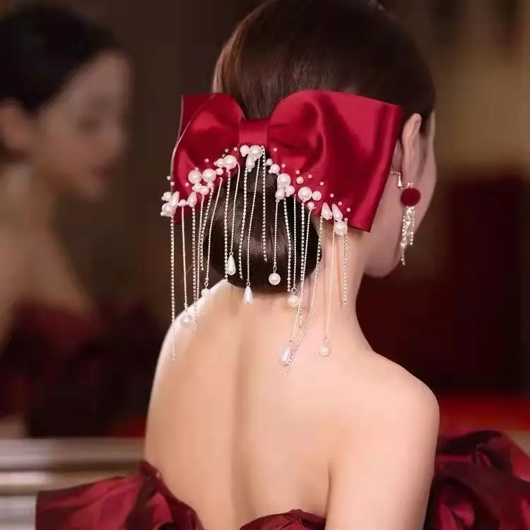 

Women Tassel Bow Headbands Sweet Hair Rope Charming Web Pearl Celebrity Hair Ponytail Elastic Rope XRQ88