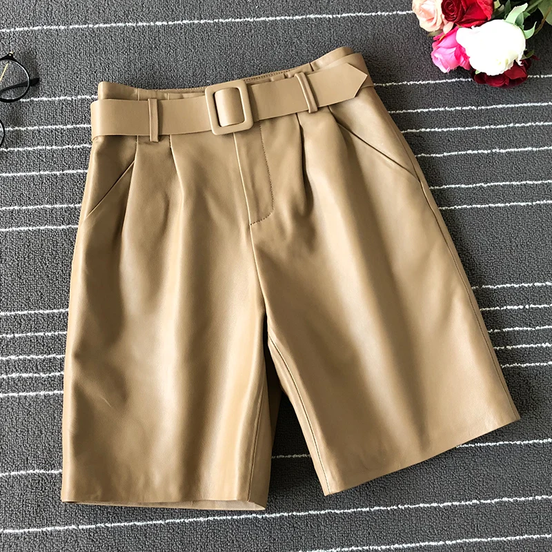Women's Brand new high quality real leather wide-leg pants Chic belat wide-leg Fifth pants 100% genuine leather pants B004