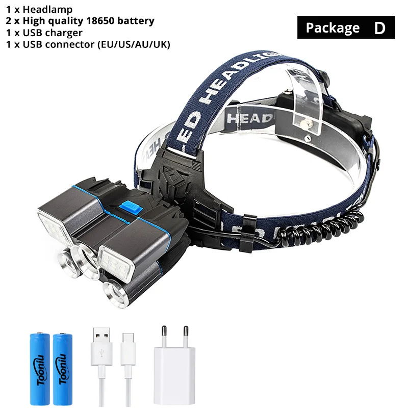 Package D Супер яркий светодиодный налобный фонарь с зарядкой от USB, красный и синий предупреждающий светильник 21 лампа из бисера, Водонепроницаемый светодиодный налобный светильник для рыбалки и охоты - Испускаемый цвет: Package D