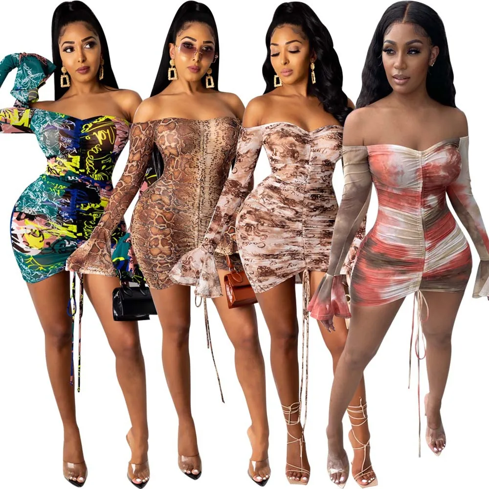 

Tie Dye Printed Ruch Drawstring Wrap Dress Woman Off Shoulder Long Flare Sleeve Sheath Dresses Retro Backless Robe Femme Dresses