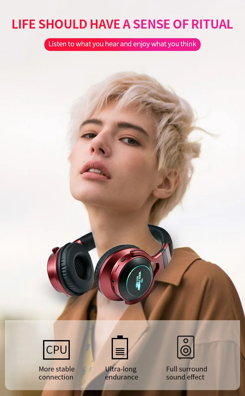 Светодиодный светильник, беспроводные наушники Bluetooth V5.0, мягкие большие наушники, 3D стерео гарнитура, 4 цвета, поддержка TF карты, FM, 3,5 мм, AUX
