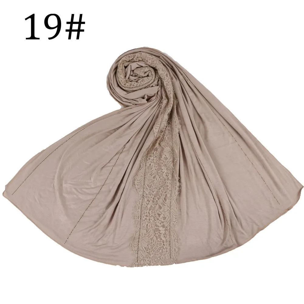 

18 Lines Stones Stretchy Jersey Hijab Scarf With Eyelash Lace Soft Materail Muslim Shawls Wraps