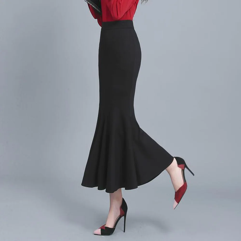 

Women's Office Black Skirt Long Fish Tail Ruffle High Waist Skirt Bottoms Formal Style Ladies Bodycon Mermaid Skirt Bottoms