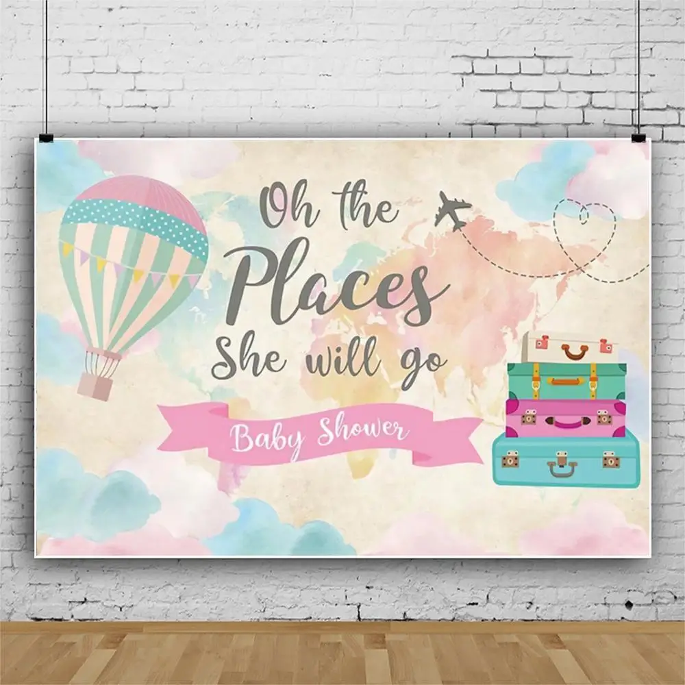 

Airplane Sky Girl Birthday Party Background Decoration Pink Hot Air Balloon Baby Shower Backdrop Photography