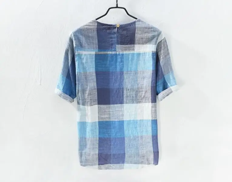 

Retro Cotton linen Men's loose plaid Fashion Brand T-shirt Short sleeve Male Slim Fit Casual Flax T Shirt high quality