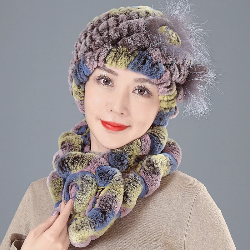 

14 Styles Thick Color Matching Knit Hat Scarf Set Casual Lazy Rabbit Silver Fox Fur Ball Warm Woman Winter Autumn Ear Cap
