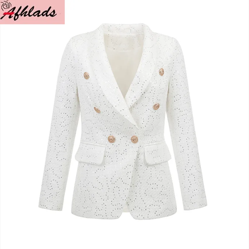 

Runway Luxury Sequin Turn-Down Collar Tweed Small Fragrance Coat Autumn And Winter Double-Breasted Women Jackets Female