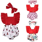 Милый комбинезон с рюшами для новорожденных девочек; Повязка на голову; Комплект из 2 предметов; Комбинезон с короткими рукавами и принтом; Летний комплект
