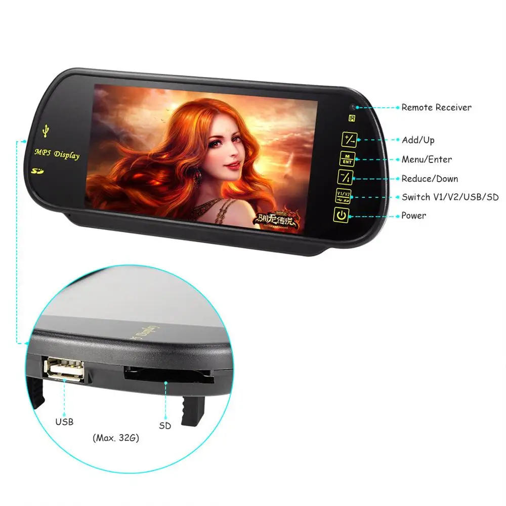 Bluetooth автомобильный монитор 7 дюймов TFT ЖК-дисплей Экран 800*480 Разрешение 2 видео