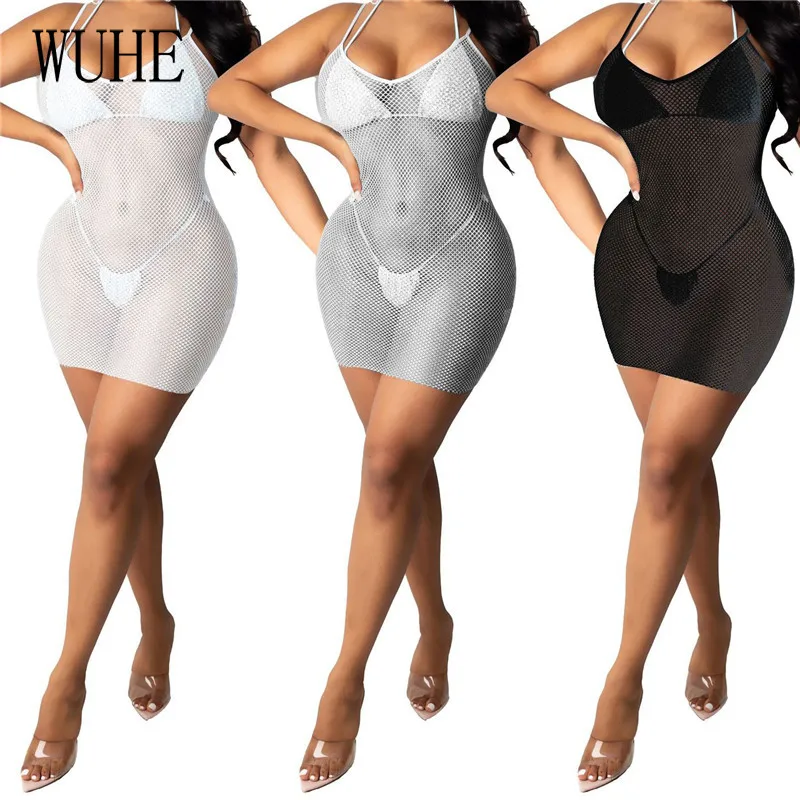 

KEXU Stretch Mesh Dresses See Through Off Shoulder Sleeveless Spaghetti Strap Package Hip Casual Party Nightclub Mini Bodycon