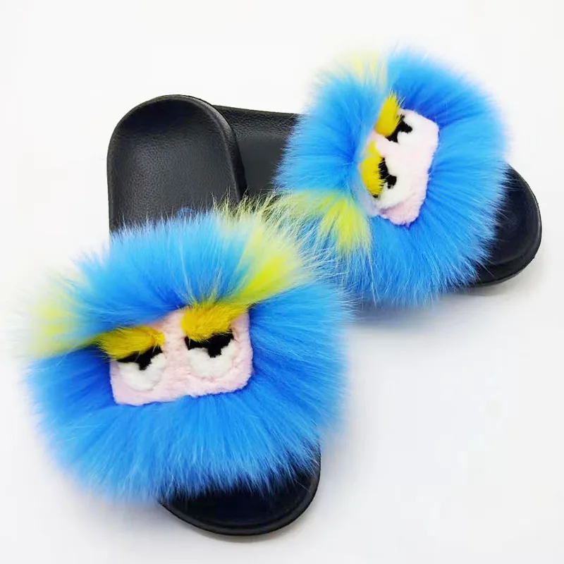 Женщины Монстр Мягкие тапочки Femmes из натурального Лисьего меха шлепанцы без