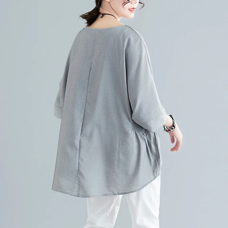 

BIG SIZE Summer Women Fashion Striped Draw Waist Tops Ladies Female Plus Large Batwing Sleeve Cotton Linen Blouse Shirt