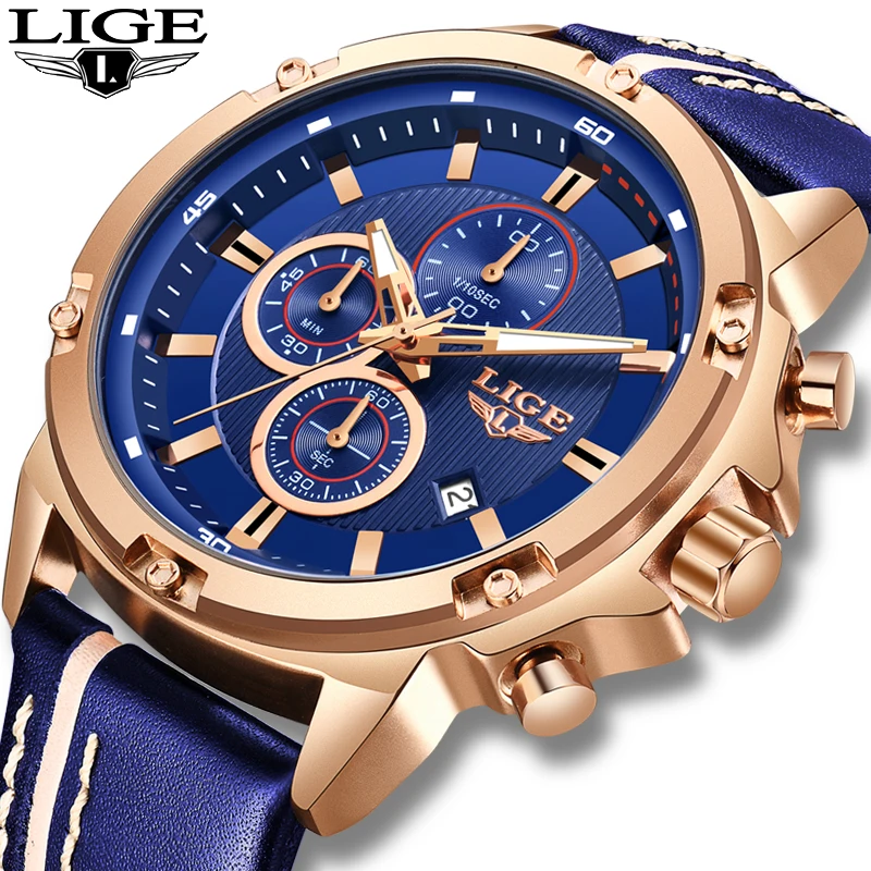 Часы наручные LIGE мужские с кожаным ремешком модные брендовые Роскошные