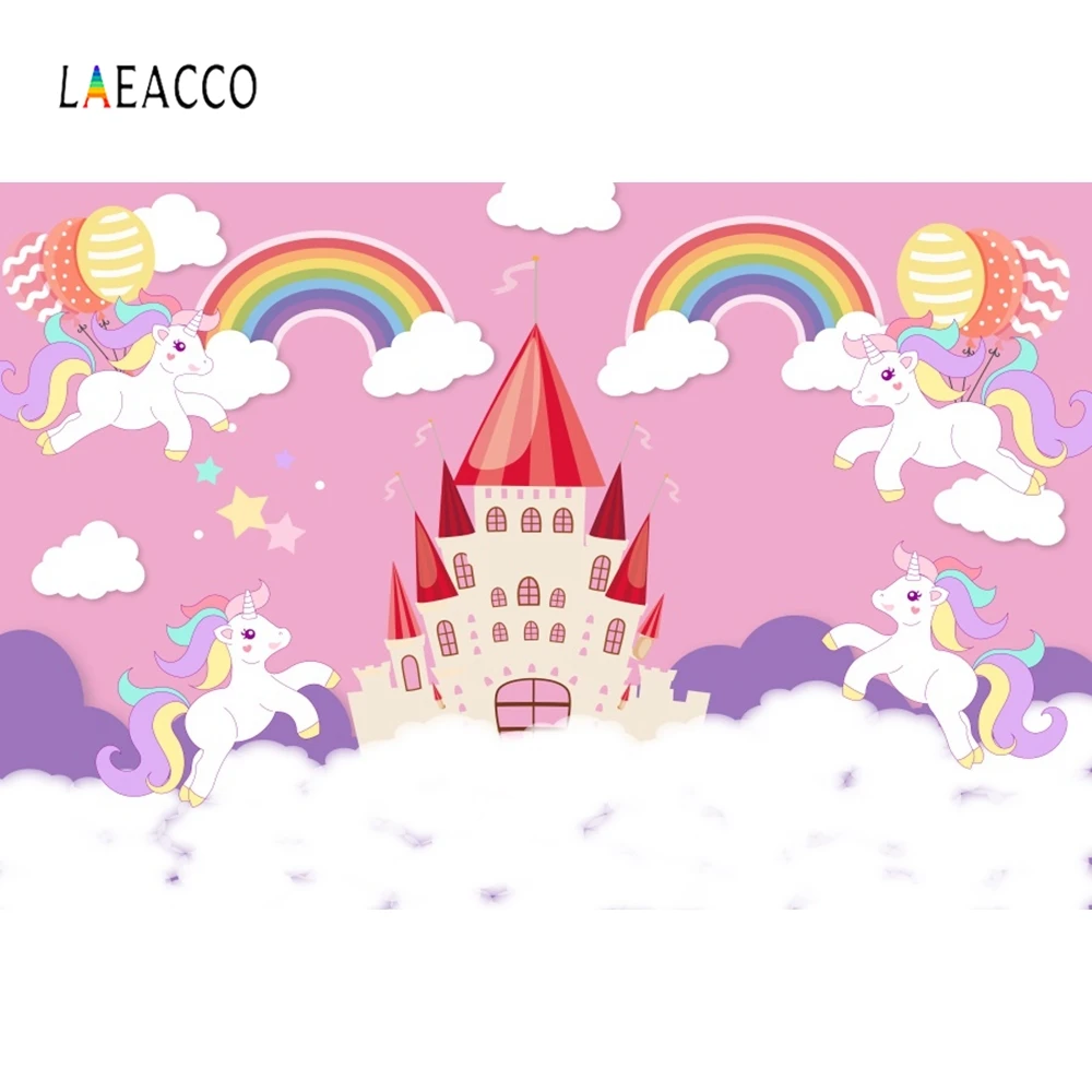 Laeacco Birthday Backdrops Castle Unicorn Rainbow Clouds Balloon Photography Backgrounds Baby Shower Photocall Newborn Photozone |