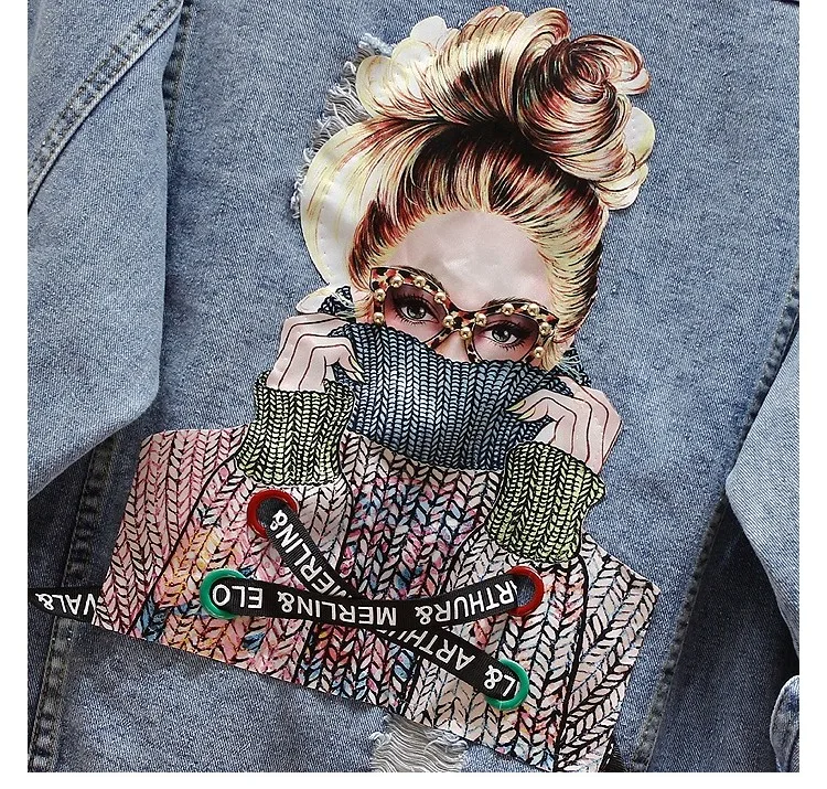 

2021 Women Denim Jacket Fashion Streetwear Letter Stylish Chic Printed Ripped Holes Jean Patchwork BF Style Jeans Female Coat