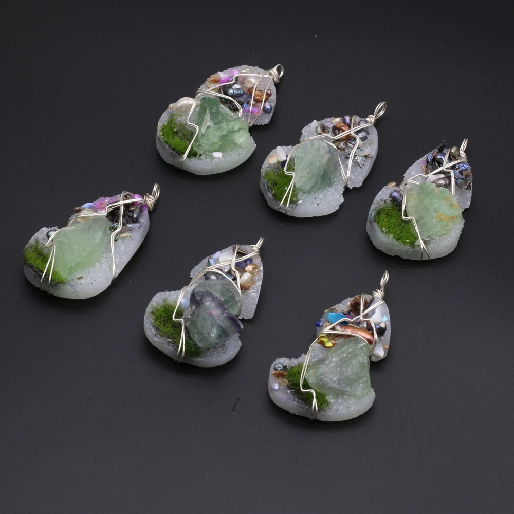 

Wholesale Natural SemStone Resin Pearl Winding Silver Wire Pendant Making DIY Necklace Bracelet Earring Fashion Jewelry Gift6PCS