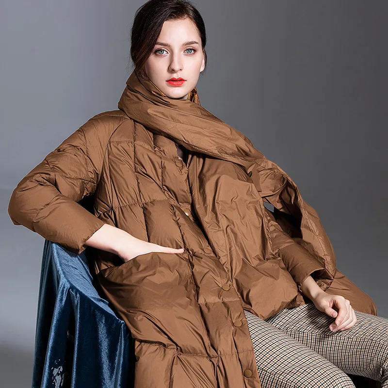 Женский пуховик оверсайз длинная парка на белом утином пуху зимняя куртка 2019 |