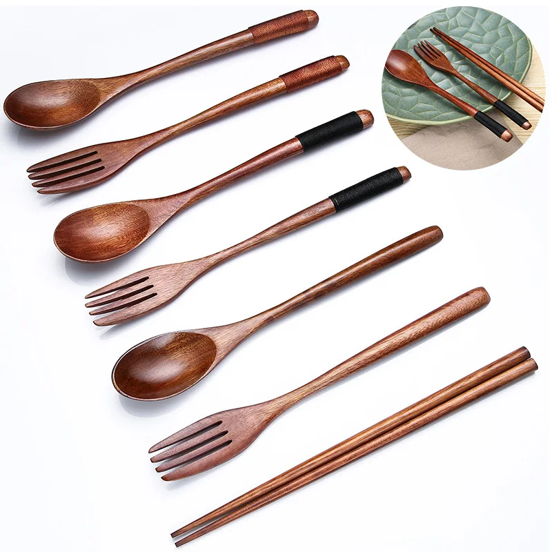 

Wooden tangled thread chopsticks spoon fork three-piece suit long handle practical spoon and fork student tableware S6A5415