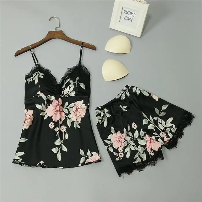 2PCS Set Black Сексуальное женское атласное Короткое Кимоно, халат, ночная рубашка, халат с цветочным принтом, мягкий халат, Свадебный халат для невесты, халат для подружки невесты - Цвет: 2PCS Set Black
