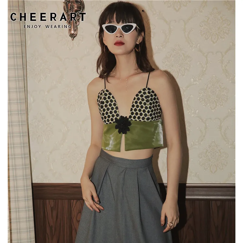 Дизайнерский укороченный топ CHEERART, женский укороченный топ на бретельках в горошек из искусственной кожи, зеленый топ-бюстье с баской, модный топ