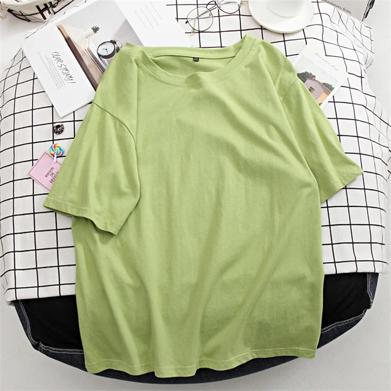 

Basic Cotton T Shirt Women Summer New Oversized Solid Tees 7 Color Casual Loose Tshirt Korean O Neck Female Tops
