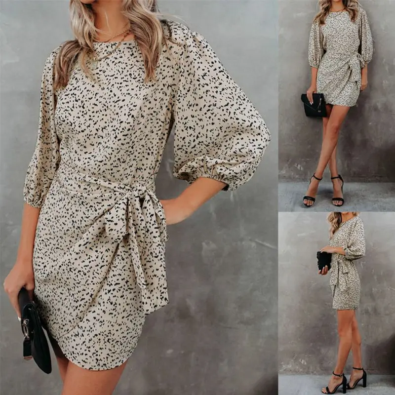 

Casual Bandage Dress Women Print Fashion Dresses Summer Female Round Neck Dress