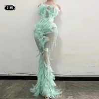 sexy rhinestone see through mesh mermaid long dress women halter sheer evening party green feathers dress singer stage clothing