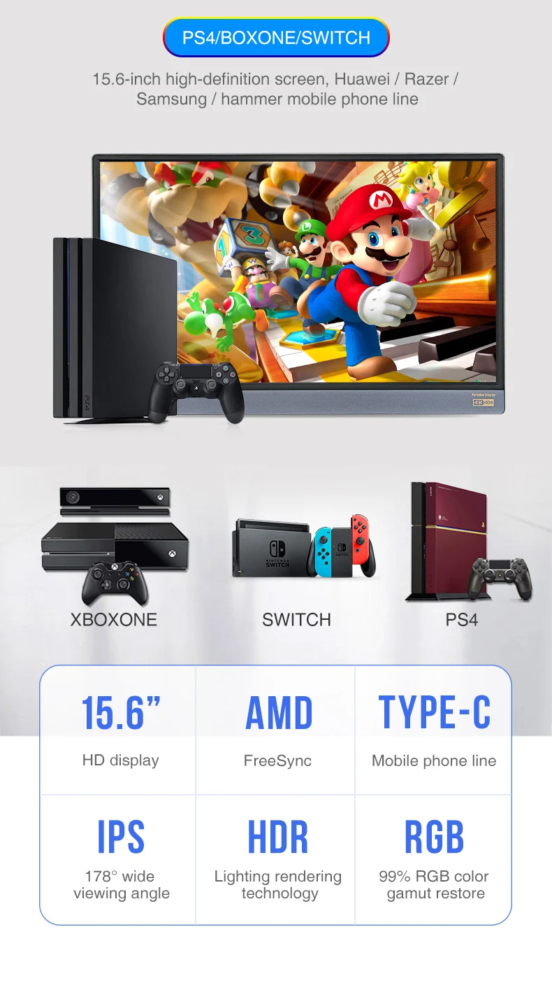 Новинка 15,6 дюймов 4K портативный компьютерный монитор PC TYPE-C HDMI PS4 Xbo x360 1080P ips FHD светодиодный USB-C монитор дисплей для Raspberry Pi