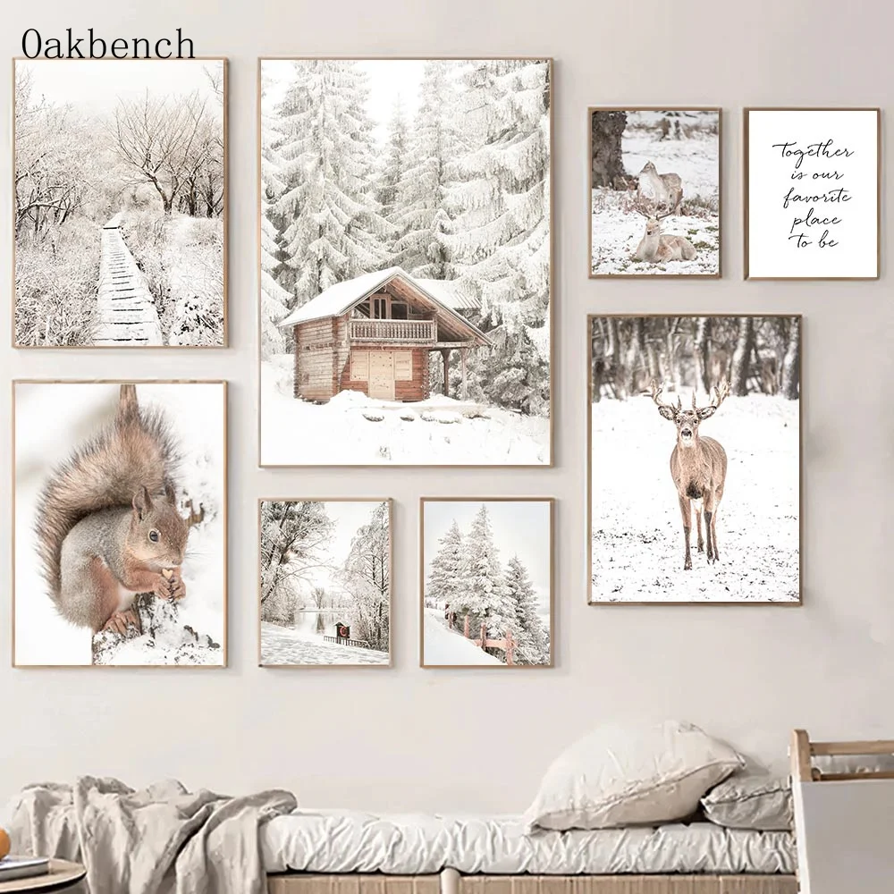 

Winter Poster Deer Squirrel Canvas Painting Wooden House Woods Prints Road Snow Posters Nordic Wall Pictures Living Room Decor