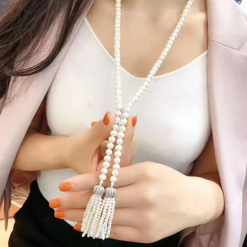 

Women's jewelry 8-9mm 110cm micro inlaid zircon accessories white freshwater pearl necklace tassel pendant long sweater chain
