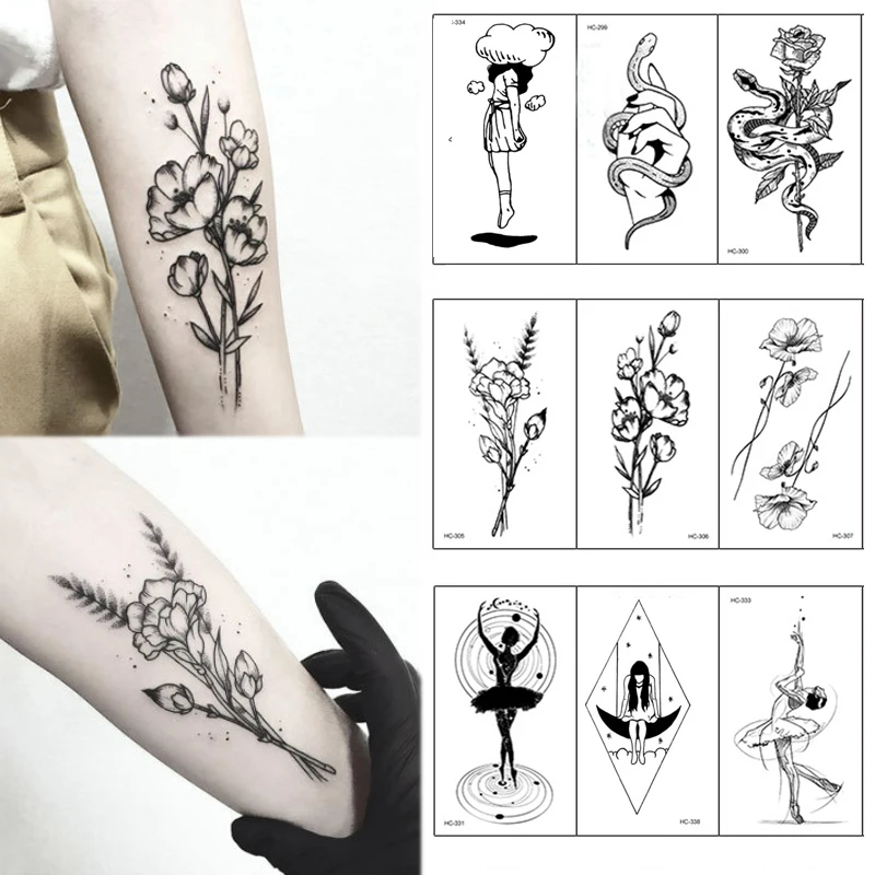 

1 PC Geometric Planet Fashion Women Temporary Tattoo Sticker Black Roses Design Flower Arm Body Art Large Fake Tattoo Sticker