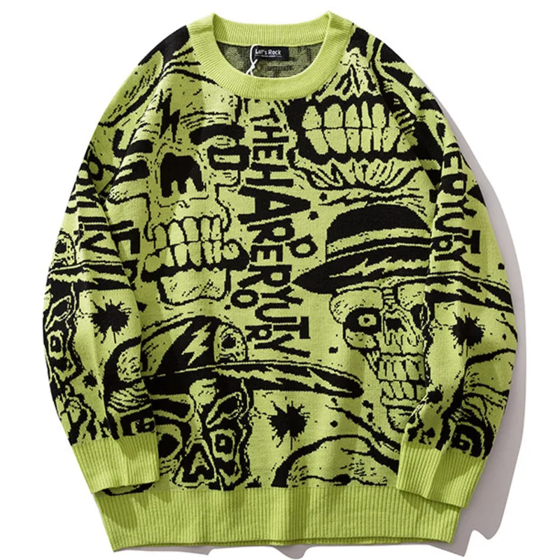 

Hip Hop Men Knitted Sweater Streetwear Human Skeleton Letter Print Pullover 2021 Autumn Harajuku Cotton Casual Sweater Green