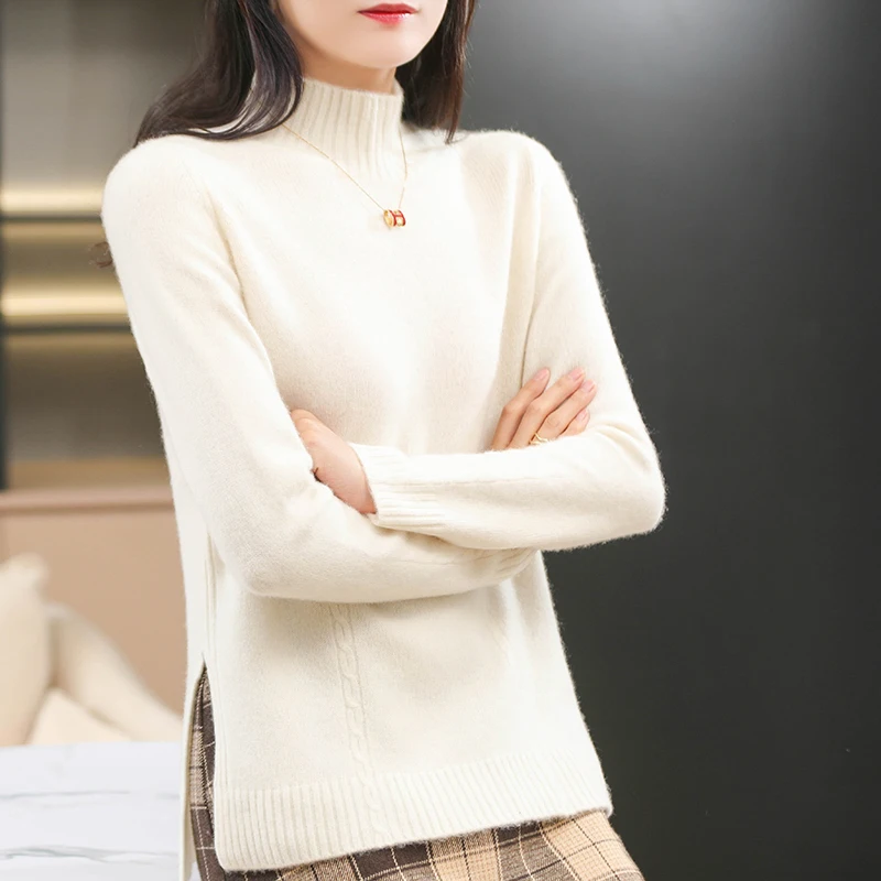 

Autumn Winter Women Sweaters Female Pullover Long Sleeve Half Turtleneck 100% Wool Knitted Jumpers Clothing Sweater Shirt Tops