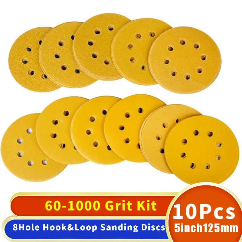 

10pcs 5 Inch 125mm Round Sandpaper Eight Hole Disk Sand Sheets Grit 60-1000 Hook and Loop Sanding Disc Polish