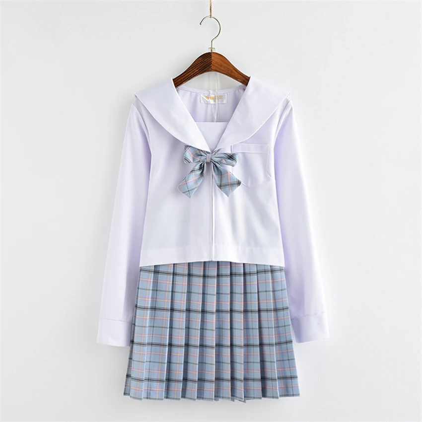 Japanese Style Fashion JK School Uniform College Girl Skirt Pleated Lattice Sailor Dress Tie Cute Girls Cosplay Clothing Set - Цвет: Blue set
