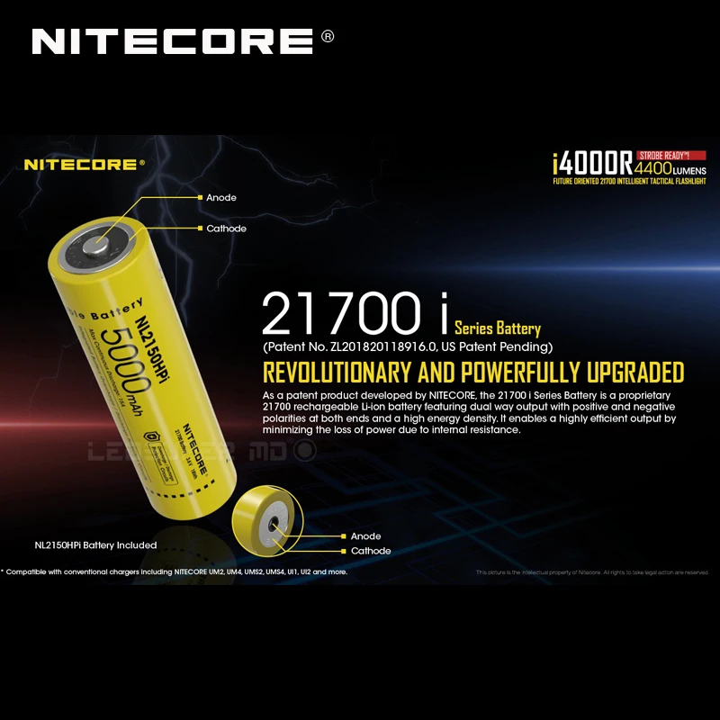 Купить 4400 люмен Nitecore I4000R 21700 Интеллектуальный тактический фонарик с аккумулятором NL2150HPi 5000 мАч